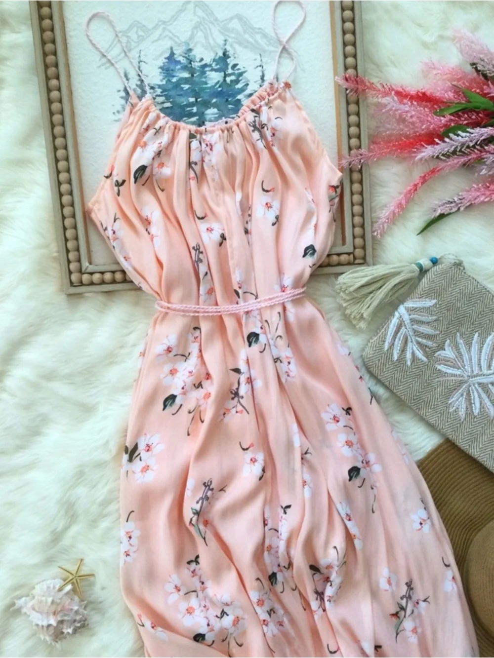 XS/S Abercrombie & Fitch Peach Floral Gecko Lizard Maxi Dress Western Boho